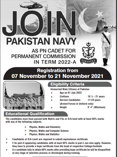 Join Pak Navy as PN Cadet 2022 for Permanent Commission – Apply Now